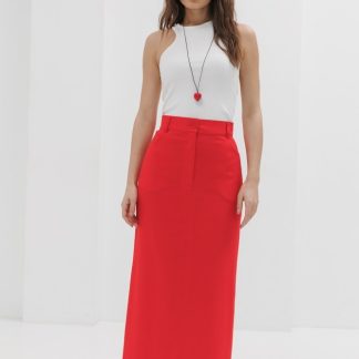 Long red linen skirt back slit