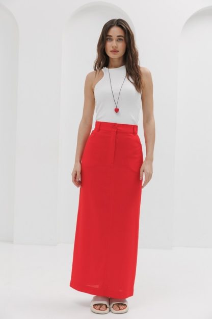 Long red linen skirt back slit