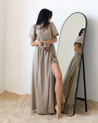 For stunning outfits in modern colors, Maxi linen wrap dress would be perfect this summer.